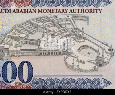 Nahaufnahme Saudi-Arabiens fünfhundert Riyals Banknotenporträt Al Masjid Al Haram (Heilige Moschee), Mekka Stockfoto