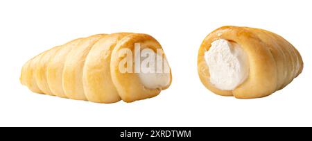 Vorderansicht der Blätterteigcreme-Hörner ist auf weißem Hintergrund isoliert. Stockfoto