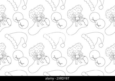 Ein nahtloses, weihnachtliches Farbmuster mit Strümpfen, Weihnachtsmützen und Ornamenten. Perfekt für festliche Urlaubsaktivitäten. Stock Vektor