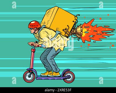 Pop Art Retro Kurier auf einem Roller mit einem Jetpack. Schnelle und hochwertige Lieferung überall. Unglaubliche Geschwindigkeit beim Transport von Waren an Kunden. Stock Vektor
