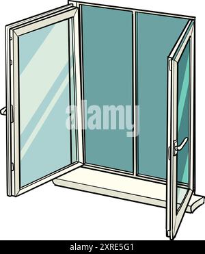 Doppelfenster öffnen. Arbeiten mit minimalistischer Innenausstattung und Renovierung der Apartments. Ein freies Fenster Ihrer potenziellen Kunden. Pop Art Retro Vektor Illustration Ki Stock Vektor