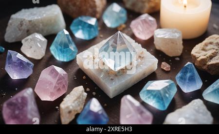 Edelsteine, Kristalle und Diamanten in verschiedenen Formen und Farben. Energiehaltende Mineralien und Kristalle bereit für spirituelle Praxis. Stockfoto