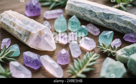 Edelsteine, Kristalle und Diamanten in verschiedenen Formen und Farben. Energiehaltende Mineralien und Kristalle bereit für spirituelle Praxis. Stockfoto