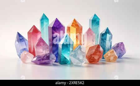 Edelsteine, Kristalle und Diamanten in verschiedenen Formen und Farben. Energiehaltende Mineralien und Kristalle bereit für spirituelle Praxis. Stockfoto