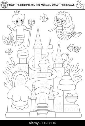 Verfolgen Sie die Meerjungfrauenburg. Übungsblatt zum Zeichnen des Vektorreichs. Druckbare Schwarzweiß-Aktivität für Kinder. Märchenhafte Ausmalseite mit s Stock Vektor