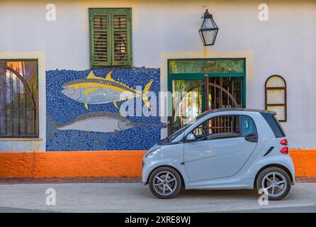 Ein kleines Auto vor dem Eingang zu einem Fischrestaurant. Buntes Mosaik an der Wand des Restaurants Trpanj Kroatien Stockfoto