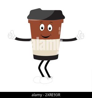 Smiling Coffee Cup Mascot Logo, Ein lustiges Maskottchen-Logo einer Smiling Coffee Tasse mit Dampf, ideal für Cafés und Cafés, die eine freundliche Person suchen Stock Vektor