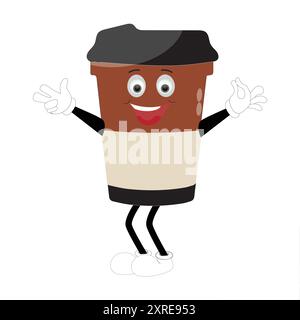 Smiling Coffee Cup Mascot Logo, Ein lustiges Maskottchen-Logo einer Smiling Coffee Tasse mit Dampf, ideal für Cafés und Cafés, die eine freundliche Person suchen Stock Vektor