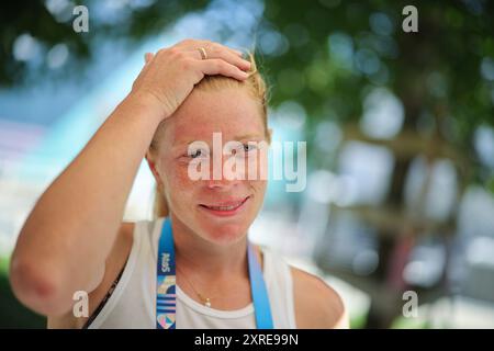 Versailles, Frankreich. August 2024. Olympia, Paris 2024, moderner Pentathlon, Annika Zillekens aus Deutschland reagiert nach dem Wettbewerb. Quelle: Rolf Vennenbernd/dpa/Alamy Live News Stockfoto