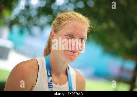 Versailles, Frankreich. August 2024. Olympia, Paris 2024, moderner Pentathlon, Annika Zillekens aus Deutschland reagiert nach dem Wettbewerb. Quelle: Rolf Vennenbernd/dpa/Alamy Live News Stockfoto