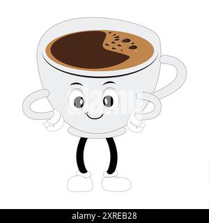 Coffee Cup Mascot Logo, ein lustiges Maskottchen-Logo einer Kaffeetasse, die mit verschiedenen Ausdrücken lächelt, perfekt für Cafés und Cafés, die eine freundliche Person suchen Stock Vektor