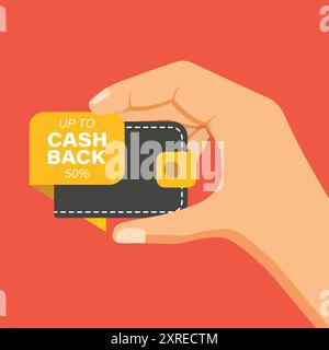 Cashback-Symbol in der Hand im flachen Stil. Vektorgrafik auf Geldrückenetiketten auf isoliertem Hintergrund. Cash-Back-Poster unterzeichnen Geschäftskonzept. Stock Vektor
