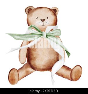 Teddybär-Spielzeug. Aquarellillustration Handzeichnung. Clip-Art eines Bären isoliert auf weißem Hintergrund. Kinderdesign. Ideal zum Geburtstag, Baby Stockfoto