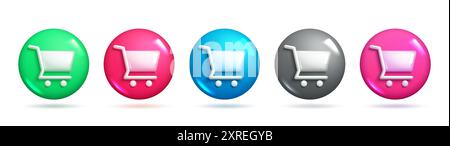 Sets von Warenkorbsymbolen für Online-Shopping. Verschiedene Farbvarianten der Symbole zum Hinzufügen zum Warenkorb. 3D-Sets von Vektorelementen. Stock Vektor