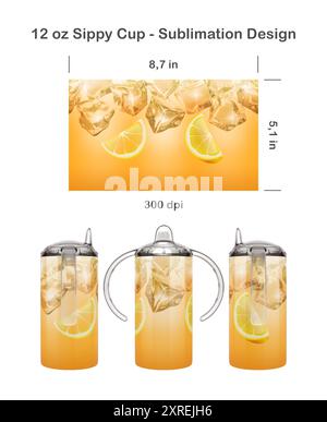 Realistisches Teegetränk-Muster mit Eiswürfeln. Nahtlose Sublimationsschablone für 12 oz Kids Sippy Cup. Nahtlos von Kante zu Kante. Vollschalen-Verpackung. Stockfoto