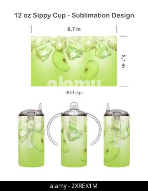 Realistisches Apfelgetränk-Muster mit Eiswürfeln. Nahtlose Sublimationsschablone für 12 oz Kids Sippy Cup. Nahtlos von Kante zu Kante. Vollschalen-Verpackung. Stockfoto