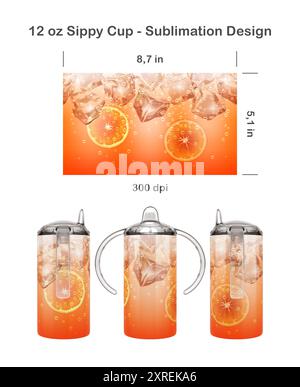 Realistisches Orangenmuster mit Eiswürfeln. Nahtlose Sublimationsschablone für 12 oz Kids Sippy Cup. Nahtlos von Kante zu Kante. Vollschalen-Verpackung. Stockfoto