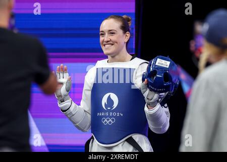 Paris, Frankreich. August 2024. Rebecca McGowan von Großbritannien reagiert auf das 67 kg-Achtelfinale der Frauen zwischen Rebecca McGowan vom Team Großbritannien und Venedig Elizabeth Megan Traill vom Team Fiji am 15. Tag der Olympischen Spiele 2024 in 2024 Paris, Frankreich. Foto: Igor Kralj/PIXSELL Credit: Pixsell/Alamy Live News Stockfoto