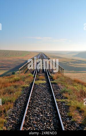 Eisenbahnbrücke durch die Landschaft Südrumäniens - Natural Look vertikal Stockfoto