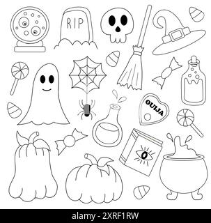 Halloween-Elemente-Set. Gliederungslinie Art. Vektor-Illustration mit Kürbissen, Grabstein, Schädel, Geist, Hexenhut, Kessel, Zauberbuch, Ouija-Brett Stock Vektor