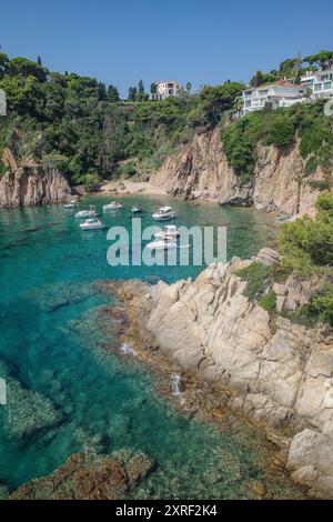 Blanes, Spanien - 10. August 2024: Blick auf Cala Forcanera vom Botanischen Garten Marimurta, Costa Brava, Katalonien Stockfoto