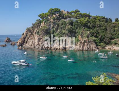 Blanes, Spanien - 10. August 2024: Blick auf Cala Forcanera vom Botanischen Garten Marimurta, Costa Brava, Katalonien Stockfoto