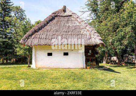 Freilichtmuseum. Altes traditionelles ungarisches Wohngebäude in skanzen. Stockfoto