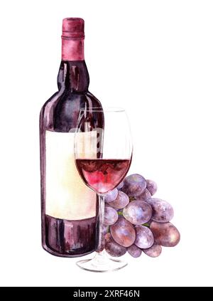 Wein in einer Glasflasche Weinglas und ein Haufen blauer Trauben. Isolierte Aquarellillustration handgezeichnet. Geeignet für Menügestaltung, Weinkarten, Grußkarten, ClipArt, Einladungen Stockfoto