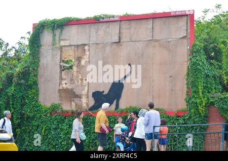 London, Großbritannien. August 2024. Bankys sechstes Kunstwerk in einer Woche wurde auf der Edgware Road in London vorgestellt. Fünf neue Wandbilder erschienen in ganz London, bevor heute eine neue Schablone erschien. Banksy entwickelte sich in den frühen 1990er Jahren als Straßenkünstler in Bristol Das neueste Kunstwerk „A Stretch Big Cat“ wurde heute in Cricklewood entdeckt, kurz bevor es auf dem Banksy Instagram-Account bestätigt wurde. Die Botschaft „könnte sich auf die Umwelt, die Ökologie oder die Harmonie zwischen der gebauten und der natürlichen Welt beziehen. „Credit: Kingsley Davis/Alamy Live News Stockfoto