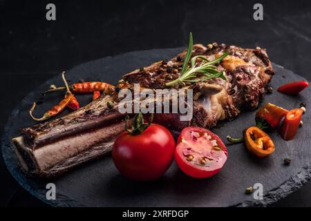 Köstliches Rindersteak mit Rosmarin, Chili Peeper und Tomaten auf Schieferbrett. Geröstetes Ribeye-Rindersteak mit Kräutern und Gemüse Stockfoto