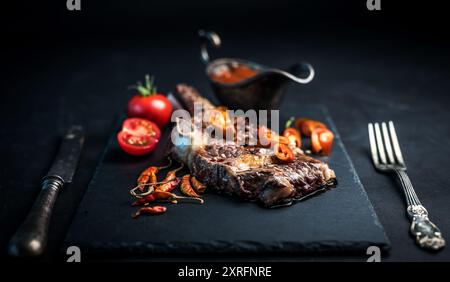 Geröstetes Stück Rindfleisch auf dem Knochen mit Gemüse und Besteck auf Vintage-Hintergrund Stockfoto