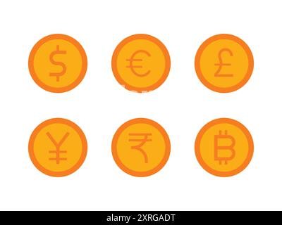 Währungssymbole Münzvektorsymbole. Goldmünze mit Währungssymbolen. Dollar, Euro, Rupie, Bitcoin Stock Vektor