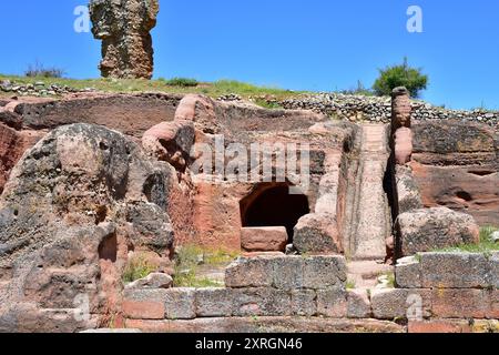 Tiermes, keltiberische und römische Stadt. Felsbewohnungskomplex. Gemeinde Montejo de Tiermes, Soria, Castilla y Leon, Spanien. Stockfoto