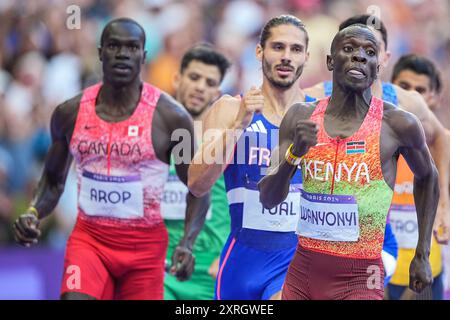 Saint Denis, Frankreich. August 2024. Olympische Spiele, Paris 2024, Leichtathletik, Stade de France, 800 m, Männer, Finale, Emmanuel Wanyonyi aus Kenia und Marco AROP (l) aus Kanada in Aktion. Quelle: Michael Kappeler/dpa/Alamy Live News Stockfoto