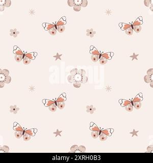 Niedliches Muster im skandinavischen Boho- und Minimalismus-Stil in beigen neutralen Pastellfarben. Schmetterlinge und Blumen. Einrichtung für das Kinderzimmer, Babydusche, Textil Stock Vektor