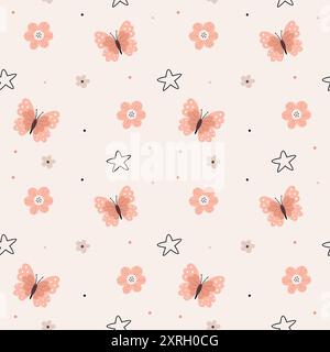 Niedliches Muster im skandinavischen Boho- und Minimalismus-Stil in beigen neutralen Pastellfarben. Schmetterlinge, Sterne und Blumen. Dekor für das Kinderzimmer, Babydusche, Stock Vektor