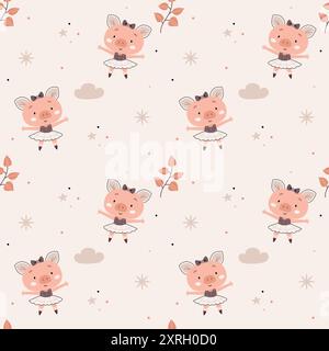 Niedliches Muster im skandinavischen Boho- und Minimalismus-Stil in beigen neutralen Pastellfarben. Schwein und Wolken, Tiere. Einrichtung für das Kinderzimmer, Babydusche, Textil Stock Vektor