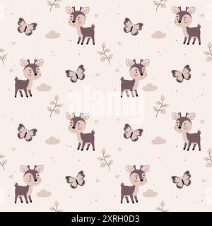 Niedliches Muster im skandinavischen Boho- und Minimalismus-Stil in beigen neutralen Pastellfarben. Schmetterlinge, Wolken und Hirsche. Dekor für das Kinderzimmer, Babydusche, Stock Vektor