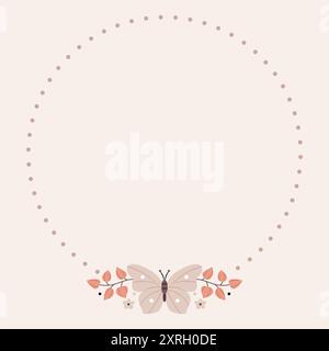 Minimalistischer Rahmen mit Schmetterling im skandinavischen Stil in beigefarbenen Farben. Einrichtung für das Kinderzimmer, Babydusche, Textilien Stock Vektor
