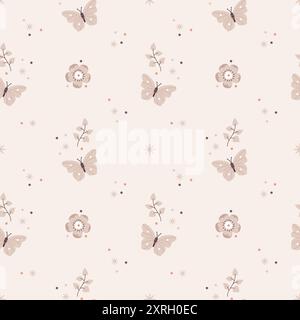 Niedliches Muster im skandinavischen Boho- und Minimalismus-Stil in beigen neutralen Pastellfarben. Kleine Blumen und Schmetterlinge. Dekor für das Kinderzimmer, Babydusche, Stock Vektor