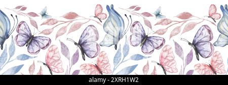 Aquarellfarben rosa, blau und violett Schmetterlinge und Blätter Zweig nahtlose Grenze, Flora Wiederholungsrahmen Illustration Stockfoto