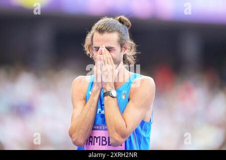 Saint Denis, Frankreich. August 2024. Olympische Spiele, Paris 2024, Leichtathletik, Stade de France, Hochsprung, Männer, Finale, Gianmarco Tamberi aus Italien reagiert. Quelle: Michael Kappeler/dpa/Alamy Live News Stockfoto