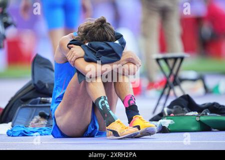 Saint Denis, Frankreich. August 2024. Olympische Spiele, Paris 2024, Leichtathletik, Stade de France, Hochsprung, Männer, Finale, Gianmarco Tamberi aus Italien reagiert. Quelle: Michael Kappeler/dpa/Alamy Live News Stockfoto