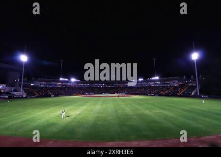 Puebla, Mexiko. August 2024. Blick auf das Spielfeld während des 4. Matches von Diablos Rojos del México gegen Pericos de Puebla in der ersten Runde der mexikanischen Baseball League (LMB) 2024 Playoffs im Hermanos Serdan Stadium. Pericos besiegt Diablos mit 6:4, Diablos führt in der Serie mit 3:1 an. Am 9. August 2024 in Puebla, Mexiko. (Foto: Carlos Santiago/ Credit: Eyepix Group/Alamy Live News Stockfoto