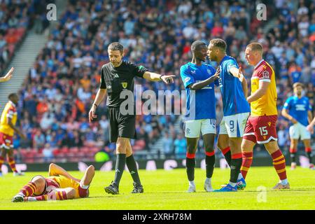 Glasgow, Großbritannien. August 2024. Die Rangers spielten Motherwell im ersten Heimspiel der Rangers, das im Hampden Park in Glasgow gespielt wurde, weil das Ibrox Stadium, das Heimstadion der Rangers, renoviert wird. Das Finale war die Rangers 2:1 Motherwell. Die Tore wurden von Dessers, Cerny und einem OG von Propper getroffen. Quelle: Findlay/Alamy Live News Stockfoto