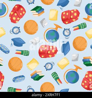 Kinderschule. Muster für Schulbedarf. Back-to-School-Konzept. Nahtloses Muster von Schulelementen Stock Vektor