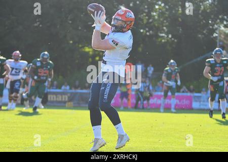 . Von Michael Mayer (3, WR, ifm Razorbacks Ravensburg). GER, ifm Ravensburg Razorbacks vs Kiel Baltic Hurricanes, American Football, GFL, Saison 2024, Woche 14, 10.08.2024, Eibner-Pressefoto/Florian Wolf Stockfoto