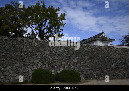 Landschaft mit malerischem Blick auf einen originalen Tsukimi Yagura Turm (um 1597) auf dem Gelände von Okayama-jō in Okayama, Japan. Stockfoto