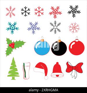 Mit unseren weihnachtlichen Elementen wird festlicher Beifall geboten. Wählen Sie aus einer Vielzahl von Ikonen, Illustrationen und Dekorationen, um den Weihnachtsgeist in Ihr Desi zu bringen Stock Vektor
