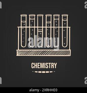 Skizze von Laborflaschen auf einem Ständer für Chemieunterricht, handgezeichnet dunkler Hintergrund. Vektor Stock Vektor